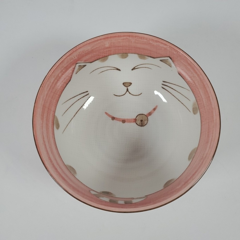 Kafun Maneki Neko Japanese Smiling Cat Pink Dish Bowl 6"